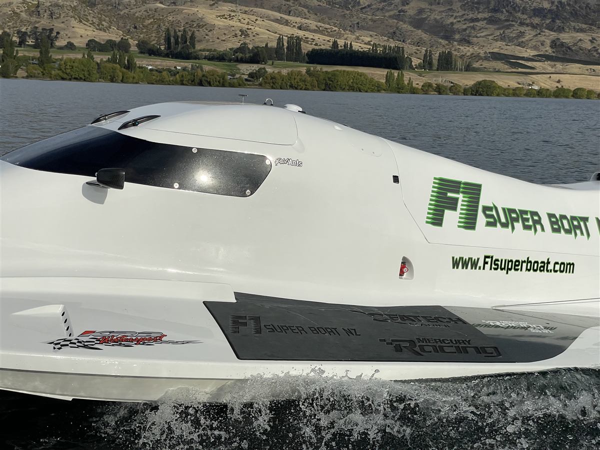 Close-up of the F1 Super Boat NZ cockpit canopy and branding
