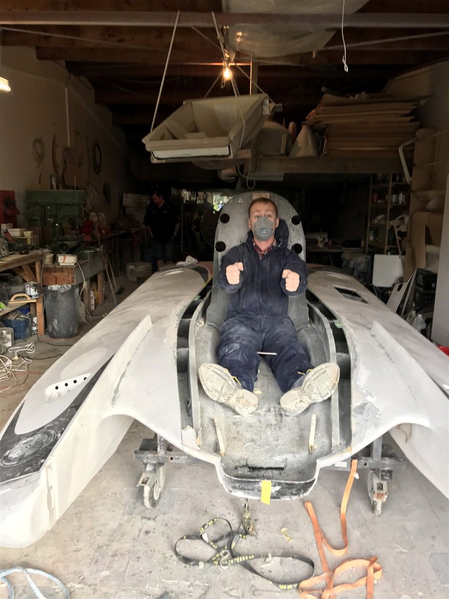 Test fitting the seat in the F1 Super Boat two-seater during the build
