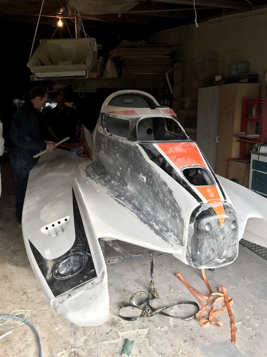 The F1 Super Boat two-seater hull being built in the workshop